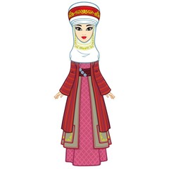 Asian beauty. Animation portrait of a beautiful girl in ancient national costume and turban. Married woman's headdress. Full growth. Central Asia. Vector illustration isolated. White background. 