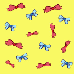 colorful ribbon illustration on yellow background. repeat pattern, hand drawn vector. blue and red color. doodle art for wallpaper, backdrop, wrapping paper, textile, banner, fabric. beautiful pattern