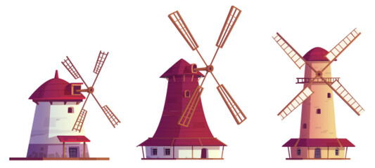 Cartoon windmills antique buildings. Traditional wind mills for flour grinding, rural structure with vanes propeller. Millstones for grain or bread processing. vintage architecture Vector illustration © klyaksun