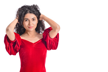 Portrait of fashionable young woman on white background