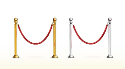 Red rope barrier with gold and silver stanchions. Velvet fence for entrance to cinema, club, theater and vip hall. Vector realistic set of 3d luxury barrier with golden posts for gallery and museum