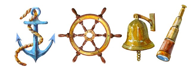 anchor, bell, steering wheel, spyglass