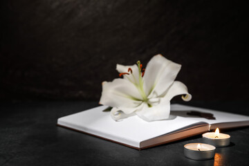 Lily flower with book and candles on dark background