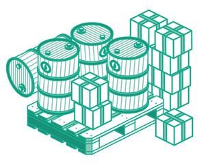 Isometric Outline Oil Barrels and Boxes On Wooden Pallet.