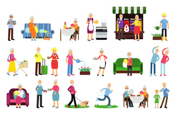 Old Age Pensioner People Characters Engaged in Daily Activity Vector Illustration Set