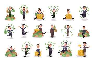 Rich Businessman Character Holding Banknotes and Jumping with Joy Vector Illustration Set