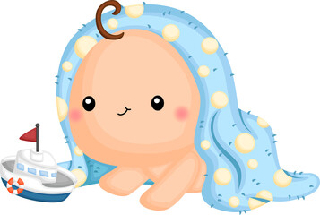 a baby wrapped in a towel looking for a toy
