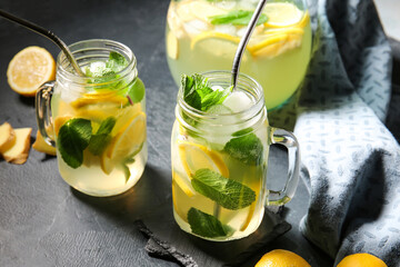 Mason jars of ginger lemonade and ingredients on dark background