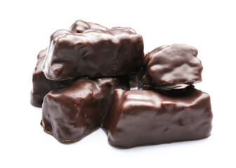 Tasty chocolate candies on white background