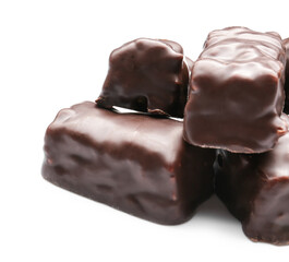 Tasty chocolate candies on white background, closeup