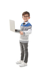 Cute little businessman with laptop on white background