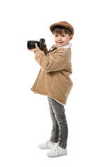 Cute little photographer on white background