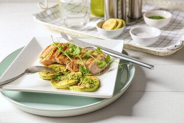 Plate with tasty grilled chicken meat, zucchini and pesto sauce on light wooden background, closeup