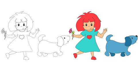 The girl walks with the dog. Coloring book for children. The practice of handwriting. Education Development Worksheet. Activity page. 
