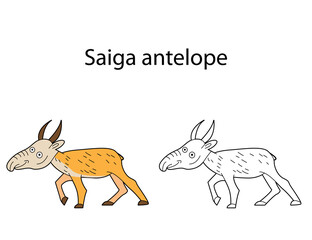 Funny cute animal saiga antelope  isolated on white background. Linear, contour, black and white and colored version. Illustration can be used for coloring book and pictures for children