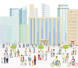 Großstadt mit Menschen auf dem Bürgersteig Illustration	