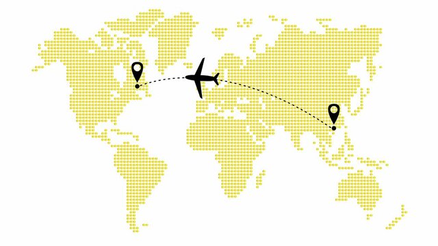 Animated the plane flies along a trajectory from Asia to America. Airplane travel. Airplane fly from right to left. Golden world map from point pattern on a white background.
