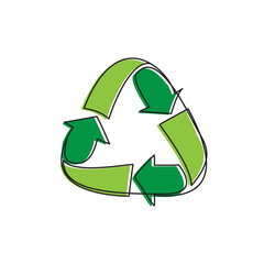 Green environment protection reusing sign image. Recycle symbol single line drawing vector illustration.