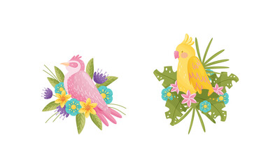 Perching Bird Sitting on Floral Nest with Blossoming Flowers Vector Set