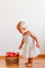 Cute European one-year-old girl in a white dress and a basket of red apples on white background. Harvest and children