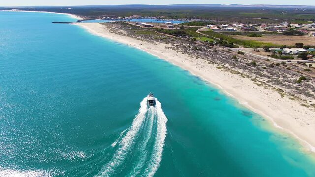 Aerial footage of large tour boat leaving Jurien Bay. Western Australia.