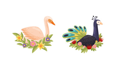 Perching Bird Sitting on Floral Nest with Blossoming Flowers and Leaves Vector Set