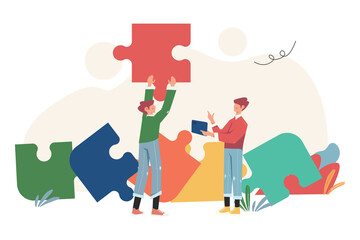 People connecting puzzle elements, symbol of teamwork, cooperation, partnership