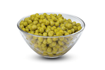 green canned peas in a glass bowl isolated on a white background.