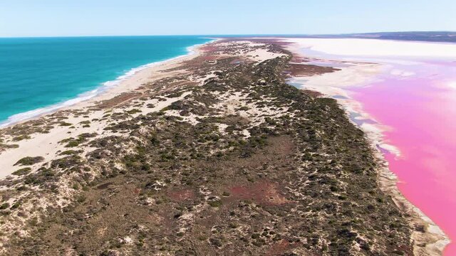 Aerial, Footage of Bright Pink Saltwater Lake. Western Australia Tourism, Travel