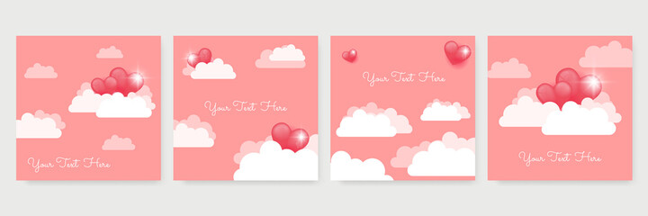Universal love card poster background. Valentines day background, 3d realistic paper cut heart ballon flying on pink sky with pink clouds. Vector love for Happy Mother's, Valentine's Day or birthday