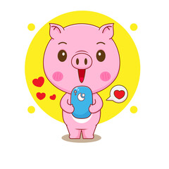 Cute pig character playing with smartphone