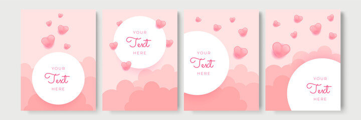 Universal love card poster background. Valentines day background, 3d realistic paper cut heart ballon flying on pink sky with pink clouds. Vector love for Happy Mother's, Valentine's Day or birthday