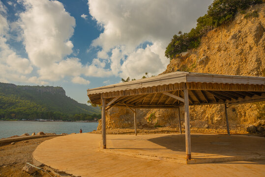 KEMER, TURKEY: Gazebo and road on the embankment in the territory of Yoruk Park.