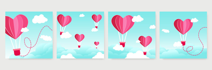 Obraz na płótnie Canvas Valentine's day concept posters set. Vector illustration. 3d red and pink paper hearts with frame on geometric background. Cute love sale banners or greeting cards