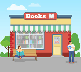 Bookstore, bookstore facade and people reading books nearby. Vector illustration.