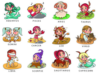 12 Zodiac Sign Cartoon Horoscope  Illustration Set