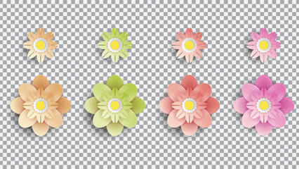 Vector paper art, summer flowers with realistic shadow on a white background with paper style. Stock image illustration