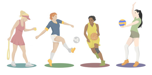 Set women sport. Collection of different sport activity. Basketball, football, volleyball and tennis.