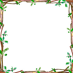 Vector floral frame with green leaves and branches isolated on white background. Design elements in triangular low poly style.