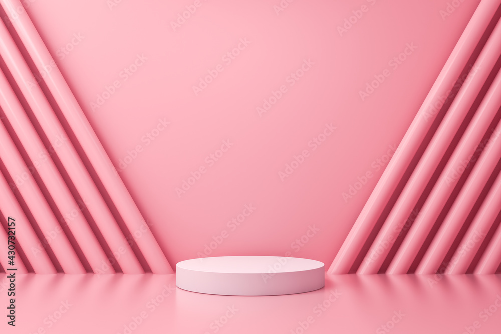 Poster blank white podium product pedestal or platform isolated on pink pastel color wall background with r