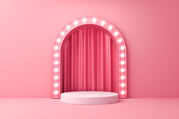 Blank white podium product pedestal or platform with glowing retro light bulbs isolated on pink pastel color wall background minimal conceptual 3D rendering