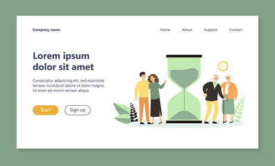 Time of young and senior people. Couples standing near hourglass flat vector illustration. Age, lifespan, generation concept for banner, website design or landing web page