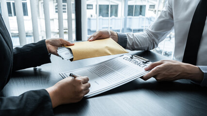 Dishonest cheating in business illegal money, Business woman giving bribe money in business people to give success the deal contract of investment, Bribery and corruption concept