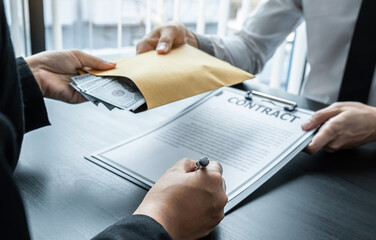 Dishonest cheating in business illegal money, Business woman giving bribe money in business people...