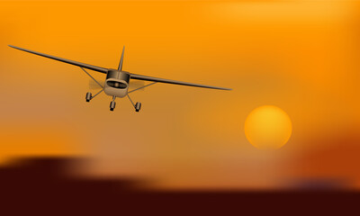 Fototapeta na wymiar Light aircraft with propeller on sunset, 3d vector illustration
