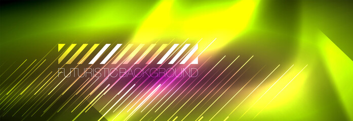 Neon glowing lines, magic energy and light motion background. Vector wallpaper template