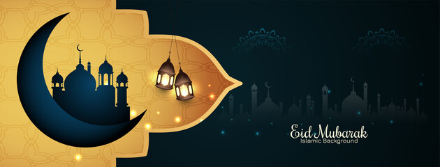 Eid mubarak islamic banner with crescent moon