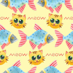 Seamless pattern with fish, cute red cats and meow lettering. Hand-drawn watercolor with illustrations of a crucian carp and a kitten on a yellow background. For children's textiles, pet store.