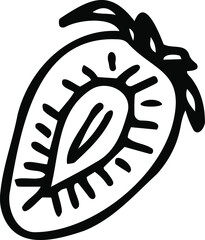 Half a strawberry, a berry isolated on a white background. Hand-drawn black and white vector illustration. A ripe sweet berry from the garden. Healthy and healthy food.