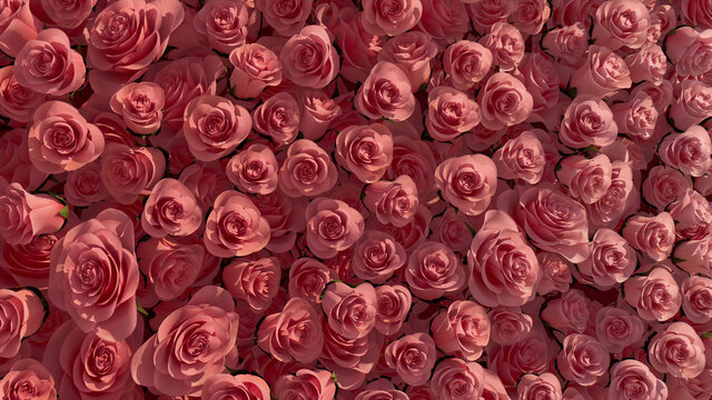 Beautiful Flowers arranged to create a Elegant wall. Red, Romantic Background formed from Bright Roses. 3D Render